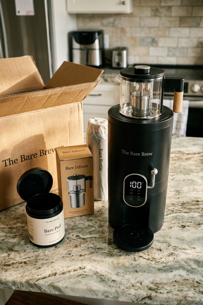 SUBJECT: The Bare Brewer full product shot — glass chamber, stainless steel infuser visible inside, all four free gifts arranged beside it: Bare Pod, Bare Infuser, Bare Bottle, packaging. ENVIRONMENT: Real kitchen counter, natural morning light, warm tones. LIGHTING: Natural overhead, slightly warm, real shadows. CAMERA: iPhone, slightly above, candid arrangement. TRUST REGISTER: Looks like an unboxing photo a customer took the morning everything arrived. WHAT NOT TO SHOW: No studio lighting. No white backgrounds. No posed models. No professional photography aesthetics.
