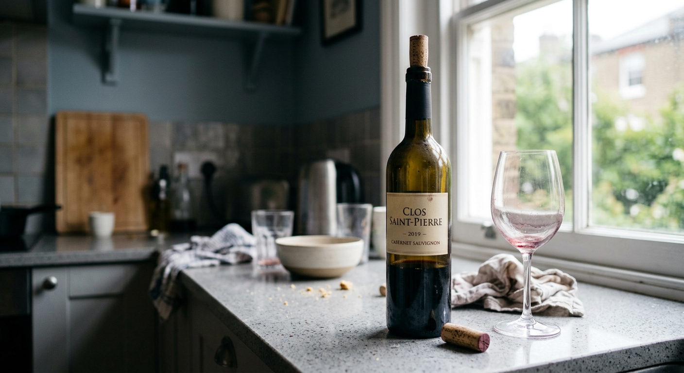 A half-empty wine bottle sitting on a kitchen counter the morning after a dinner party. Natural morning light from a window to the right. The cork is loosely replaced. The scene feels slightly abandoned — the party is over, the wine is already going flat. Medium wide shot, handheld feel. No studio lighting. No staged styling. No stock aesthetics.