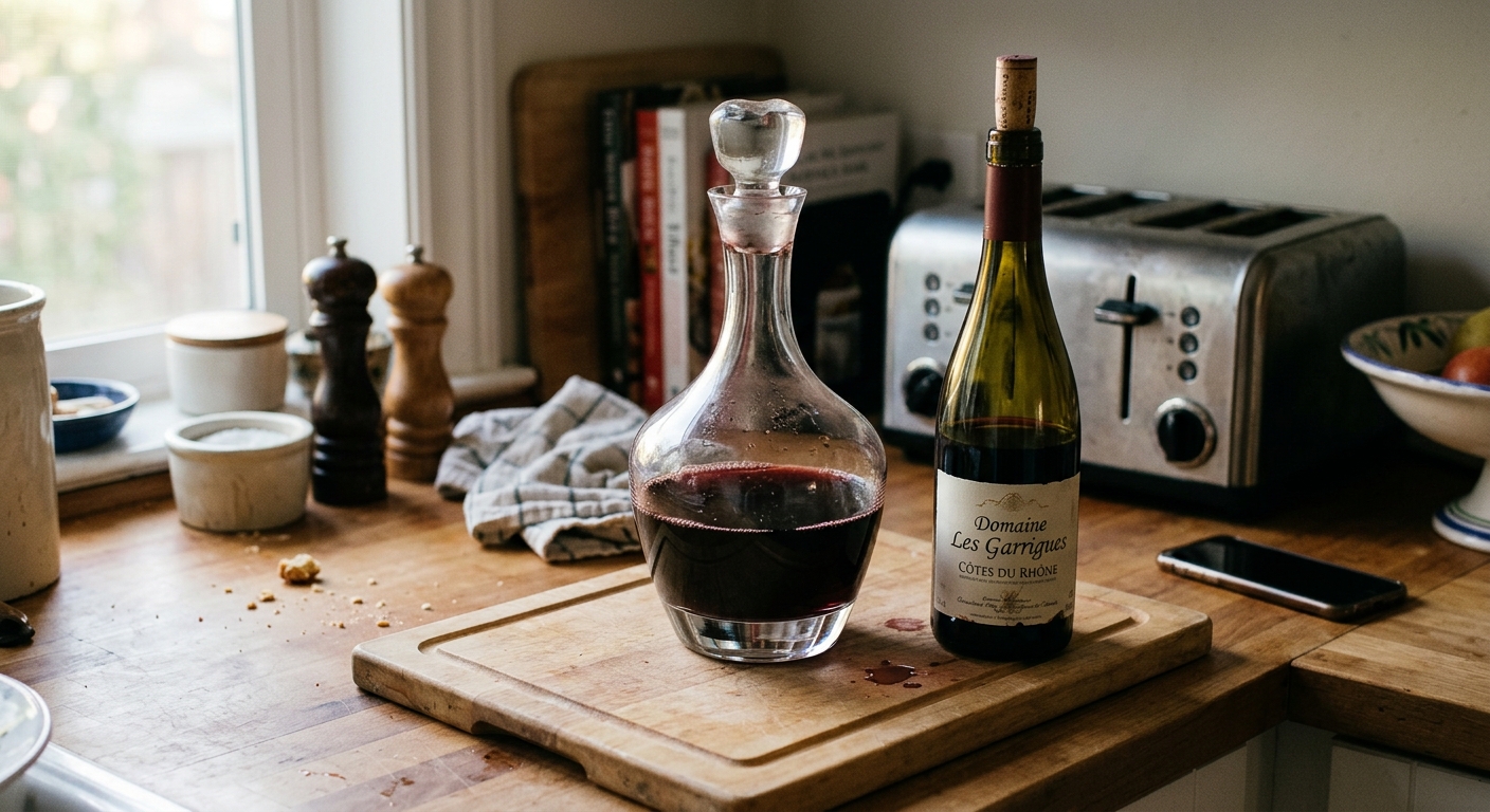 A glass decanter sitting on a kitchen counter next to an open wine bottle. The decanter is half-full. The scene is a real home kitchen, evening light, slightly cluttered counter. The decanter looks elegant but inconvenient — you can see the wine inside has been sitting. Medium wide shot, natural light. No studio. No stock aesthetics.