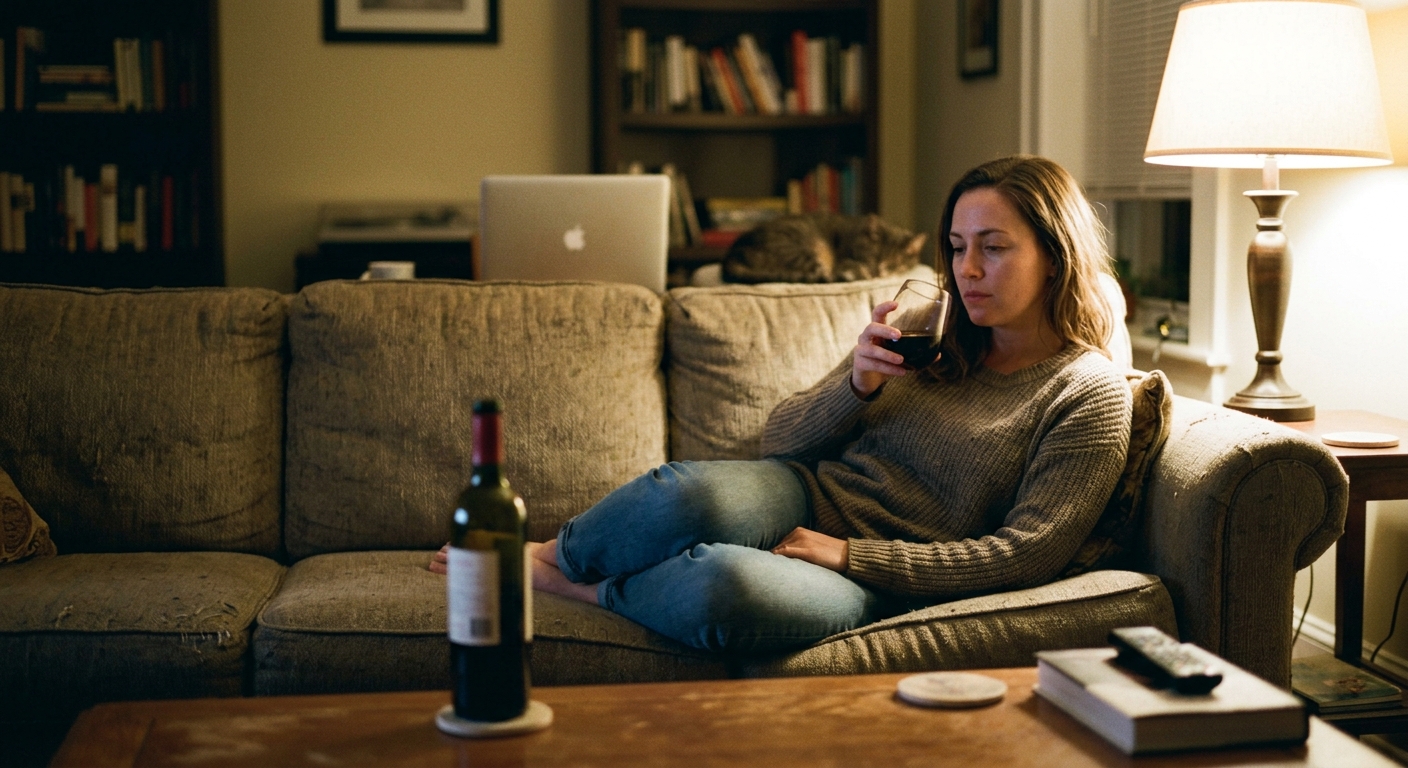 A person sitting alone on a couch in warm evening light, holding a wine glass. The bottle is on the coffee table beside them. The scene is relaxed and real — a Tuesday night ritual, not a dinner party. Medium shot, warm lamp light from the right. The mood is comfortable and honest. No studio lighting. No posed expressions. No stock aesthetics.