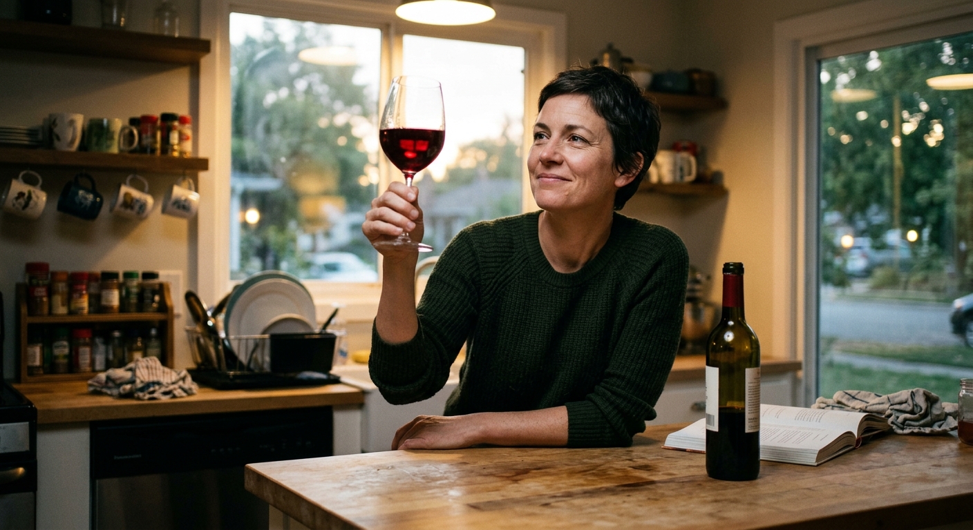 A person in their late 30s or early 40s standing at a kitchen island, holding a glass of red wine up to the light. The wine is deep ruby and glowing. The expression is calm and knowing — not performative, just genuinely pleased. Natural evening light from a window behind them. Medium close-up. Warm and intimate. No studio lighting. No posed expressions. No stock aesthetics.