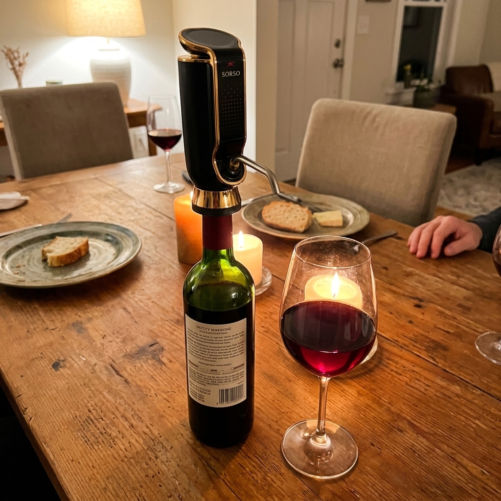 SORSO device sitting on top of a wine bottle on a warm wooden dining table. A full glass of deep red wine is beside it, glowing in candlelight. The scene is intimate and real — a home dinner setting, not a commercial shoot. Warm amber light from candles and a lamp. Medium close-up, slightly overhead angle. No studio lighting. No white backgrounds. No stock aesthetics.