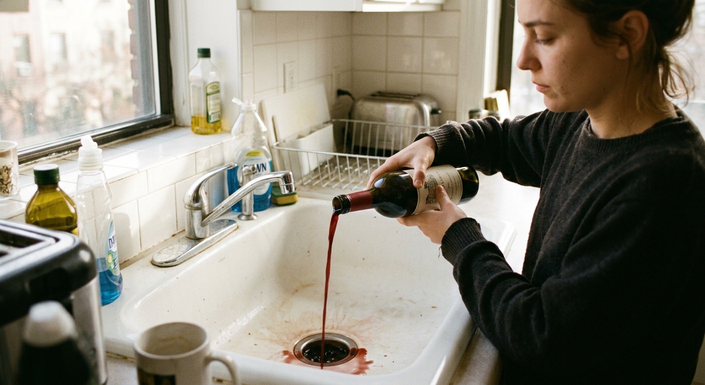 A person pouring the last of a wine bottle down a kitchen sink, the wine a deep red against the white sink. Morning light.