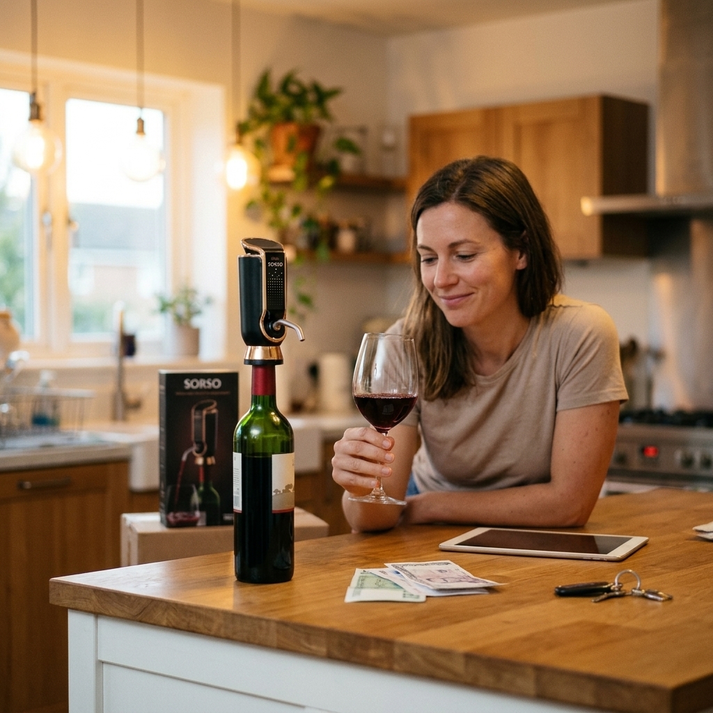 A person sitting alone at a kitchen island, evening light, a glass of wine in their hand, SORSO visible on the bottle in front of them.