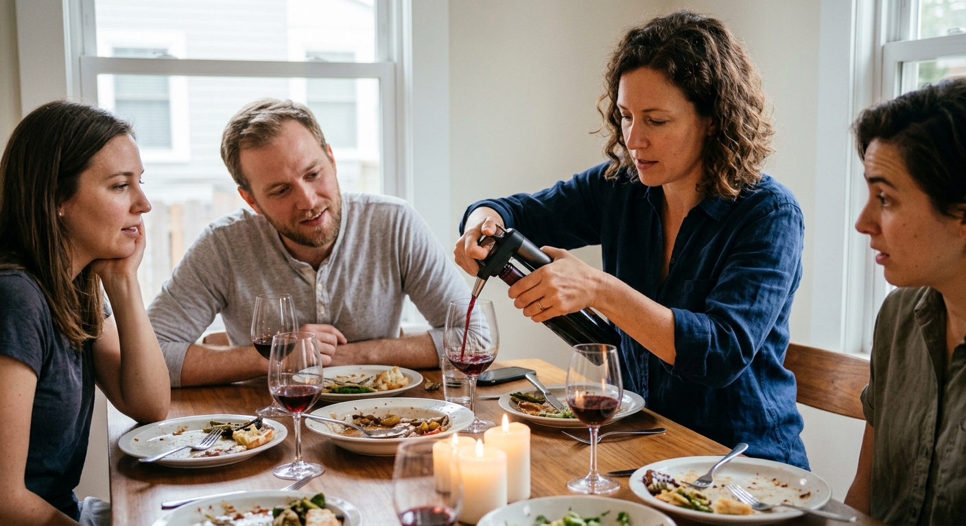 A dinner party scene, four people around a table, one person pouring wine through a device on the bottle while others watch with curiosity.