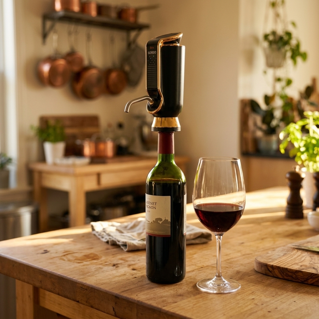 SORSO device sitting on top of a wine bottle on a real kitchen counter or dining table, warm evening light, a filled glass of red wine next…