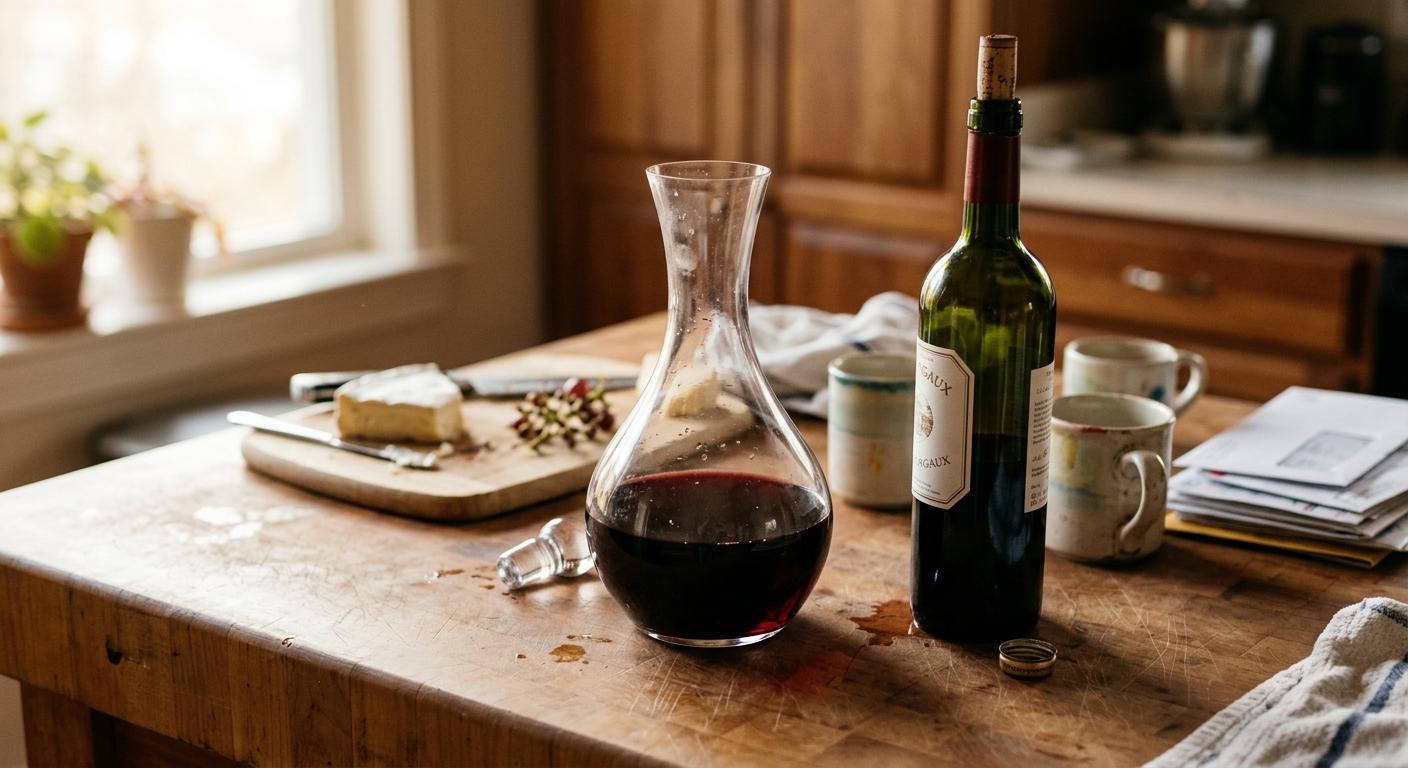 A glass decanter sitting on a counter with wine in it, next to an open bottle. The decanter looks elegant but static.