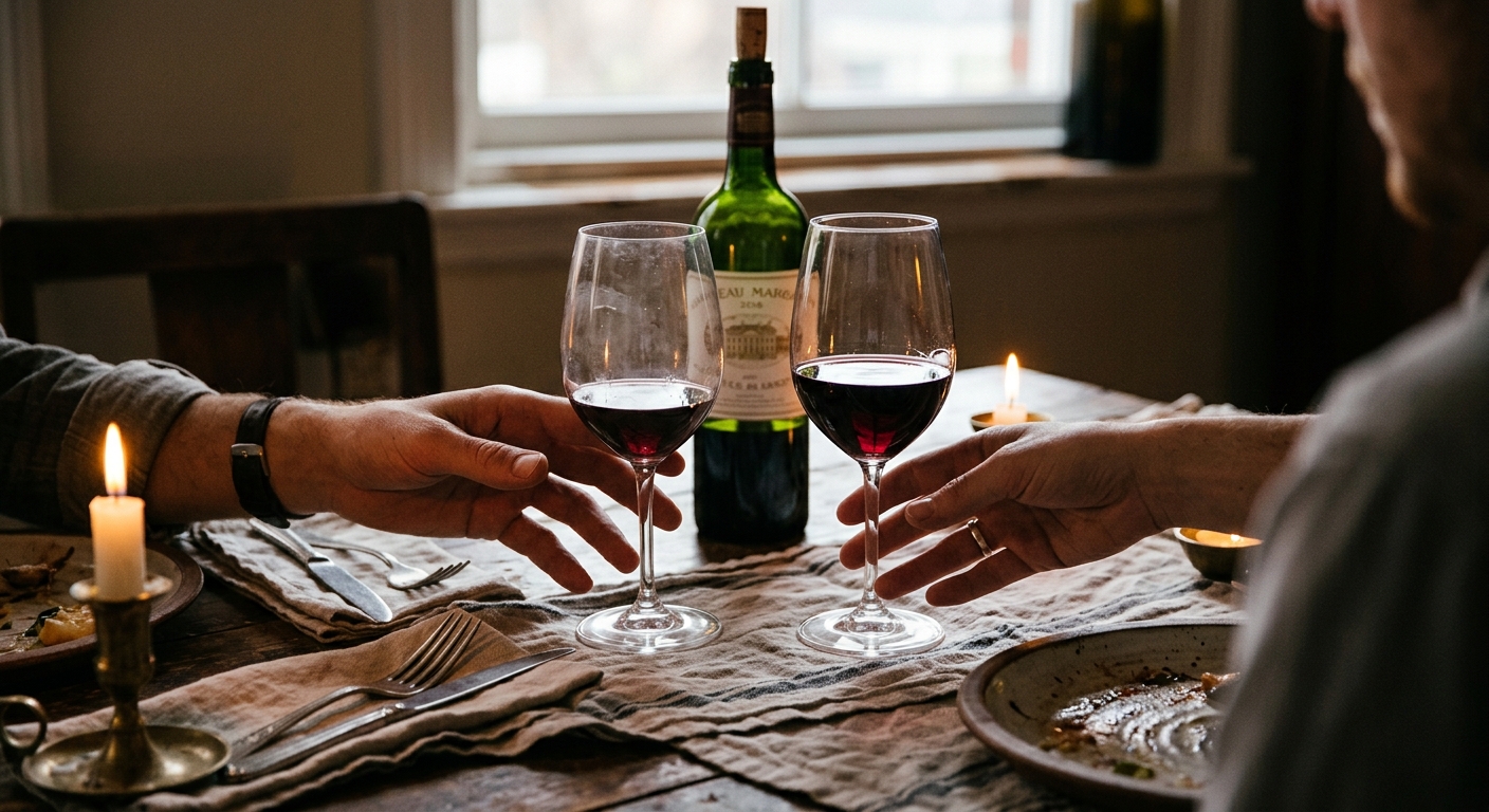 Two wine glasses side by side on a dinner table, both filled from the same bottle visible in the background.