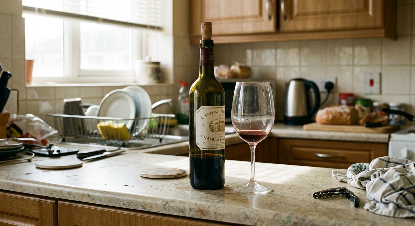 A half-empty wine bottle on a kitchen counter the morning after, cork loosely replaced, a glass nearby with a small amount of flat-looking…