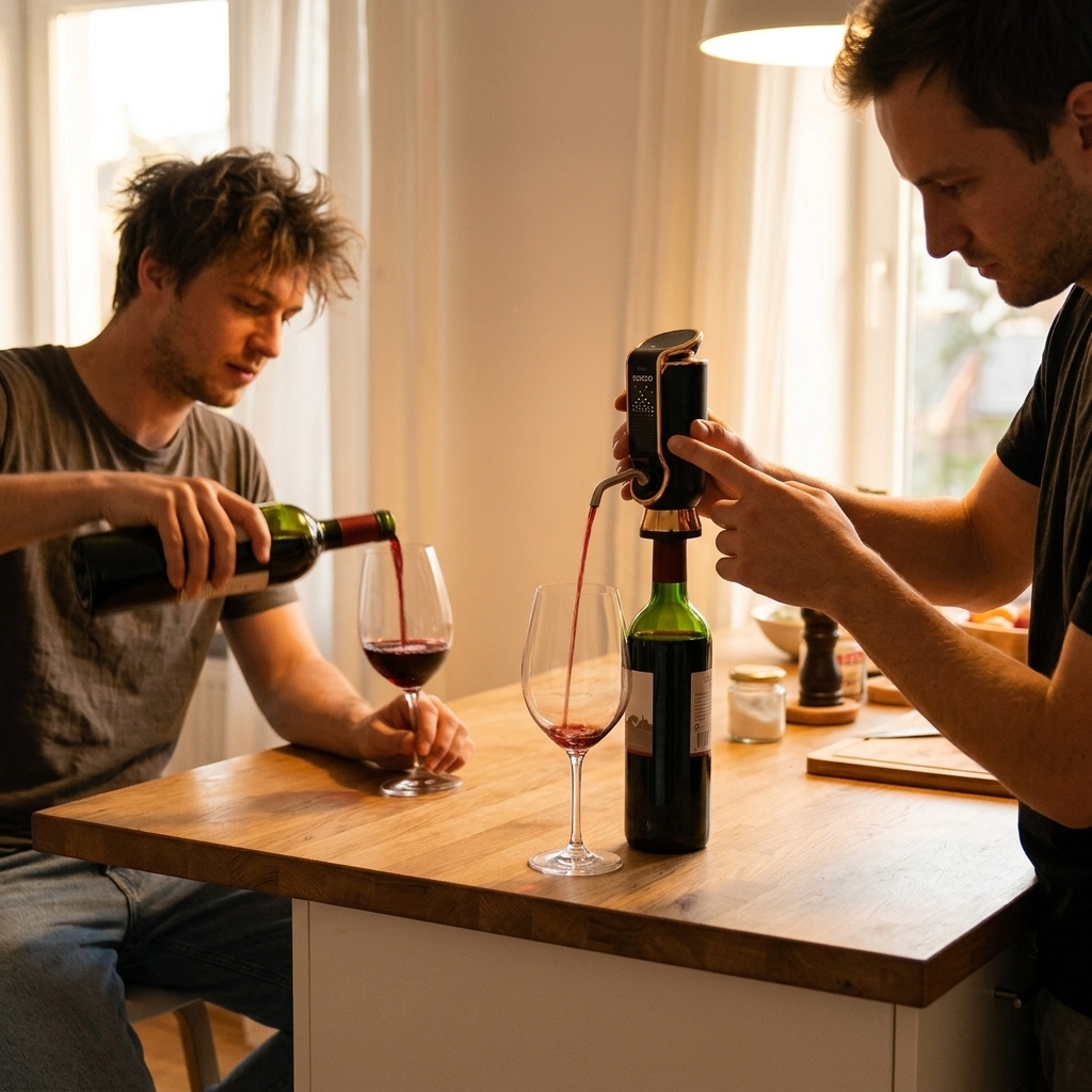 A dinner party scene in a warm, candlelit dining room. A host picks up a sleek device, places it on a wine bottle, and presses a button.