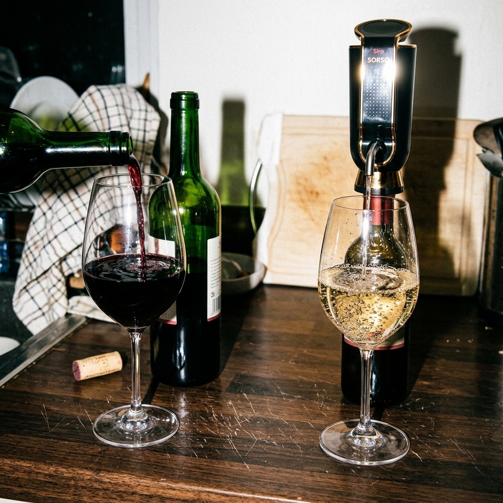 A half-empty wine bottle on a kitchen counter the morning after, cork loosely replaced, a glass nearby with a small amount of flat-looking…