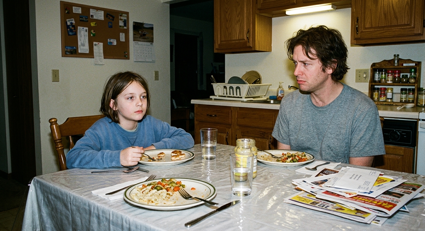 A family dinner table at early evening, a child aged 8-10 sitting with a plate of food barely touched, looking slightly glazed, a parent…