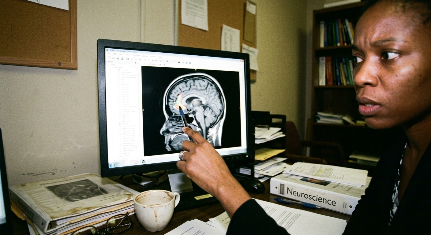 A close-up of a child's brain scan image on a computer monitor in a university research office, Dr.
