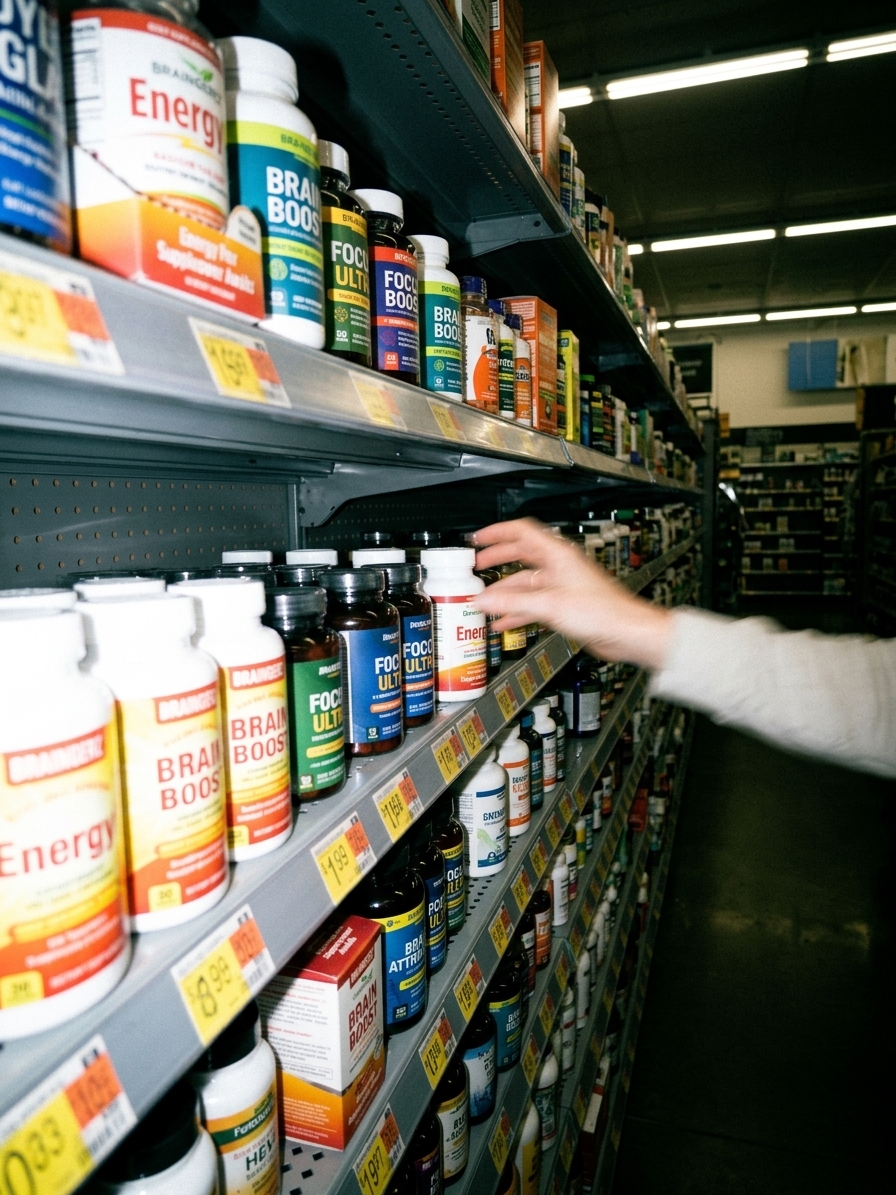 A supplement store aisle photographed from a low angle, rows of brightly colored bottles with vague claims on the labels, slightly…