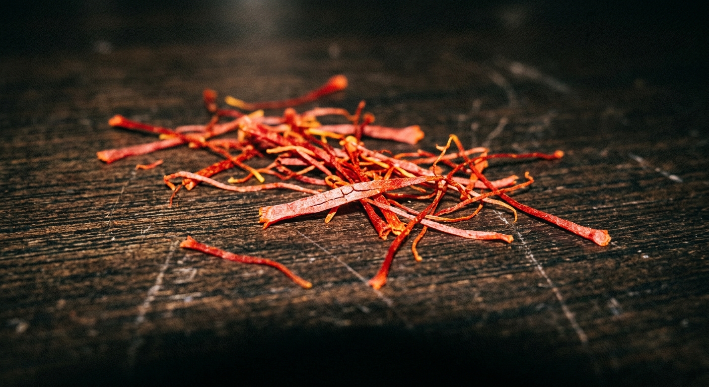 Close-up macro of saffron threads on a dark wooden surface, a few threads scattered naturally, direct on-camera flash creating slight…