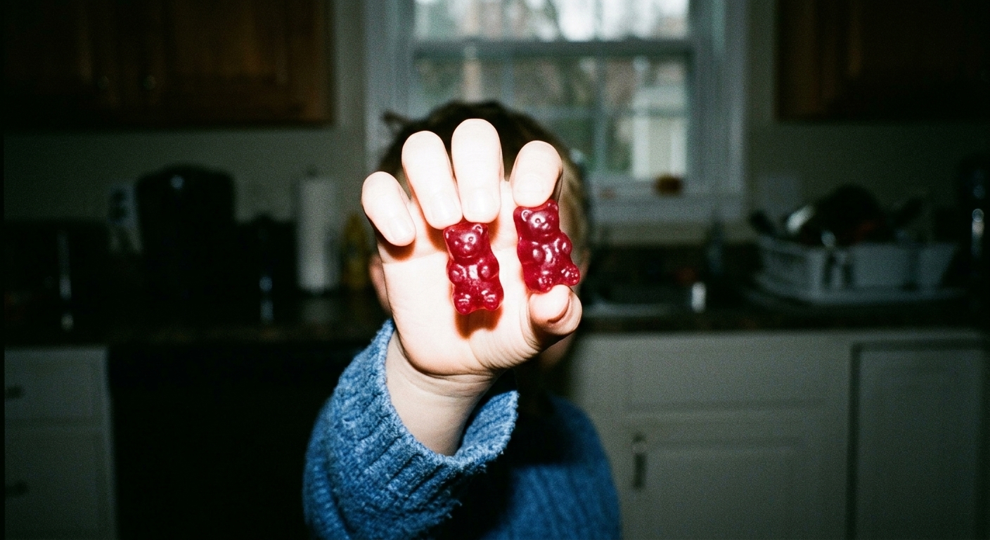 A child's hand holding two small gummy bears up toward the camera, warm kitchen morning light, slightly blurry background showing a kitchen…