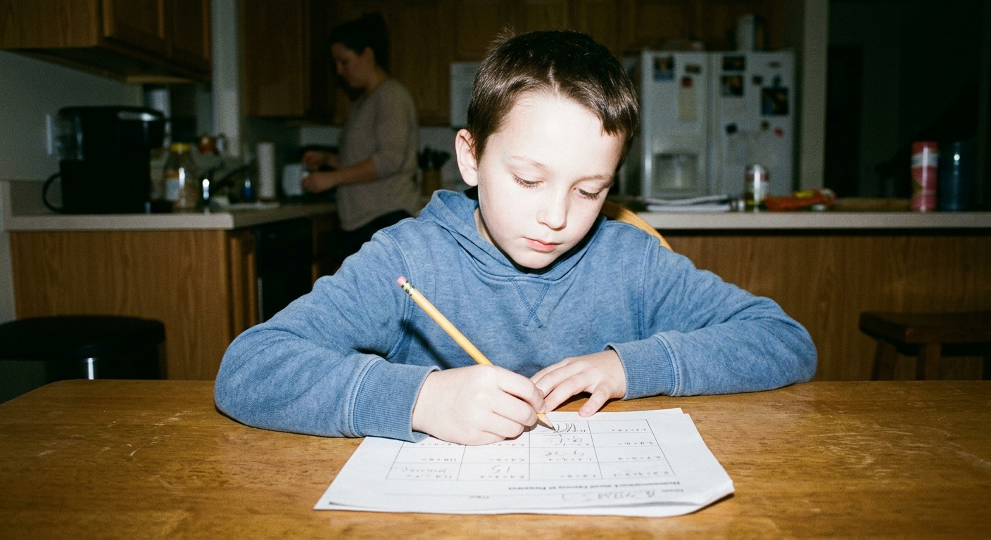 A child aged 8-10 sitting at a kitchen table, upright in the chair, pencil moving across a homework worksheet, a parent visible in the soft…