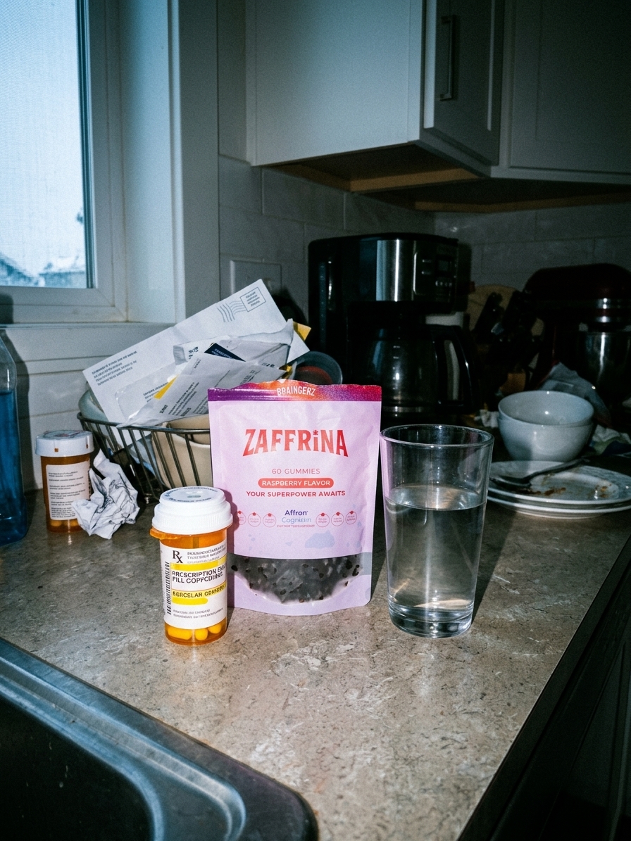 A kitchen counter in the morning, a prescription pill bottle and a Zaffrina gummy bottle sitting side by side, a glass of water nearby,…
