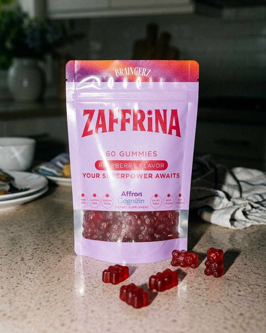 Zaffrina gummy bottle product shot, warm off-white background, bottle slightly angled, the label clearly visible, a few gummies scattered…