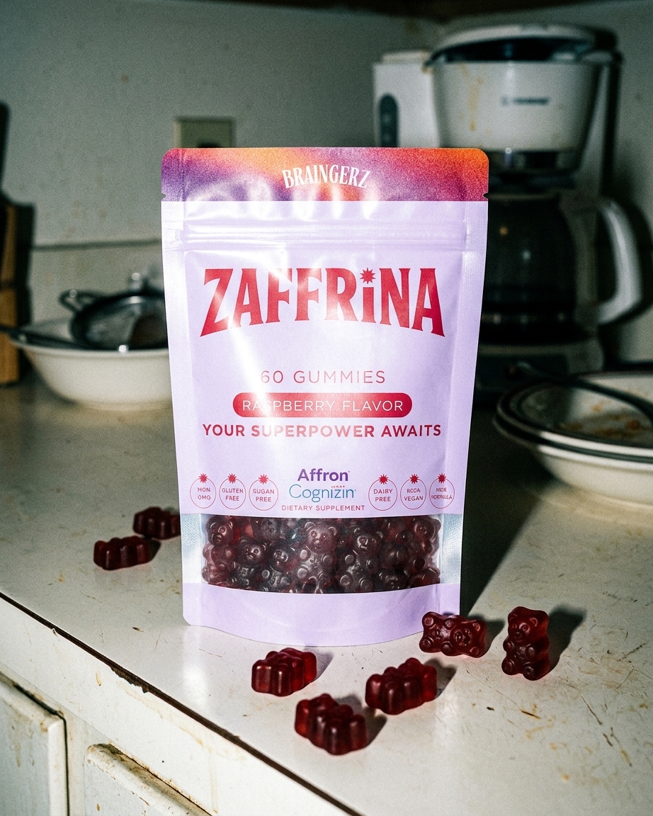 Zaffrina gummy product shot, clean but not clinical, bottle centered against a warm off-white background, slight shadow beneath, the label…