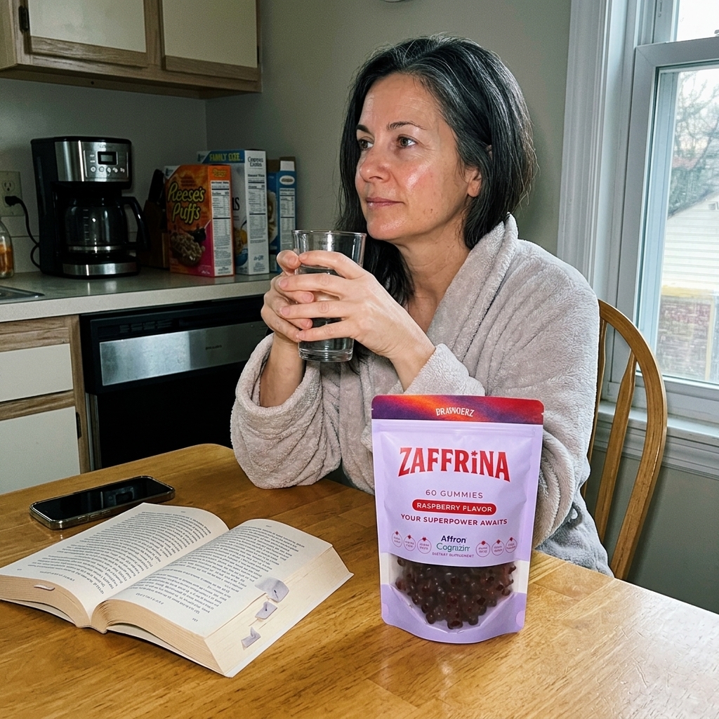 SUBJECT: Woman, early 50s, dark hair with natural grey, sitting at a kitchen table in a robe, hands wrapped around a gla