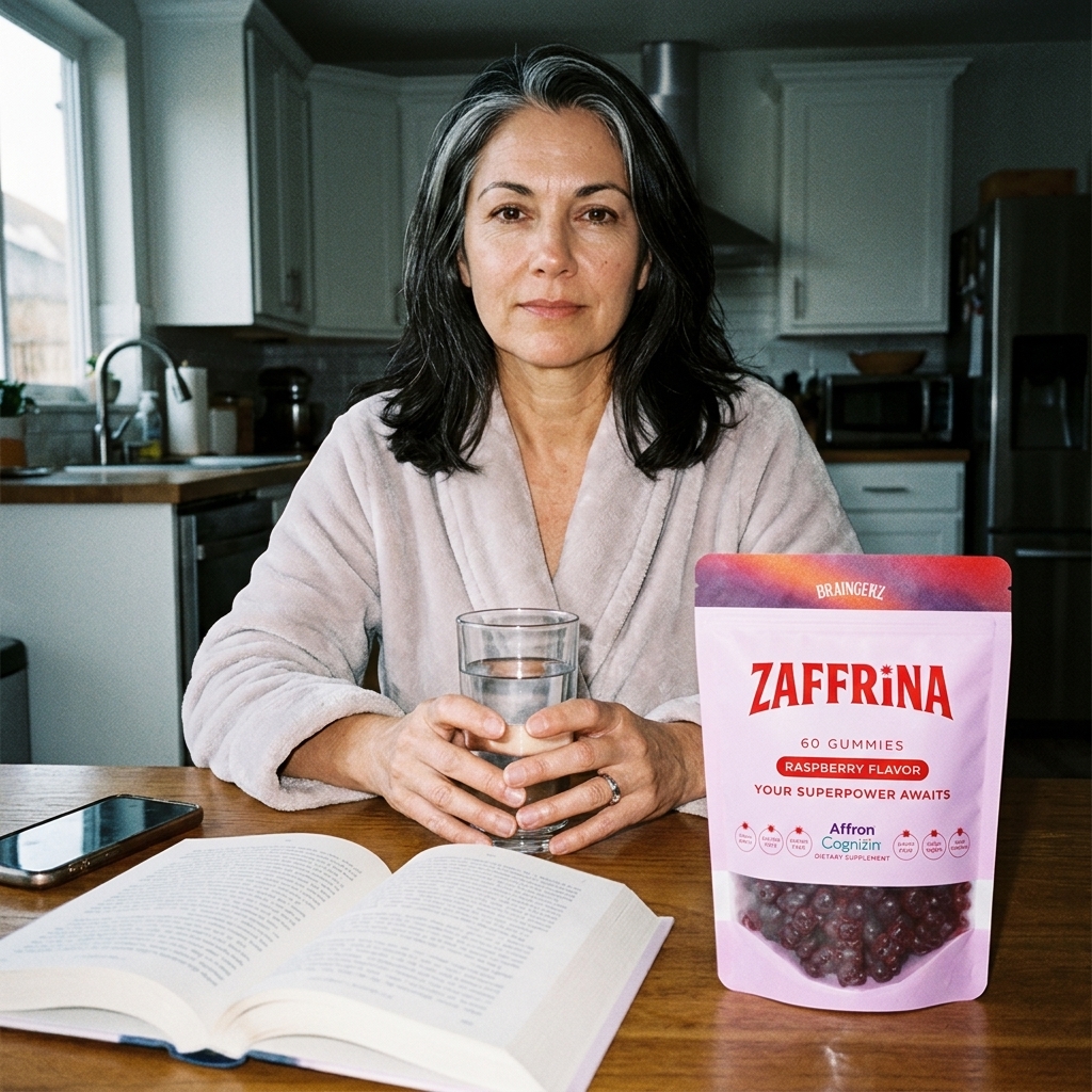 SUBJECT: Woman, early 50s, dark hair with natural grey, sitting at a kitchen table in a robe, hands wrapped around a gla