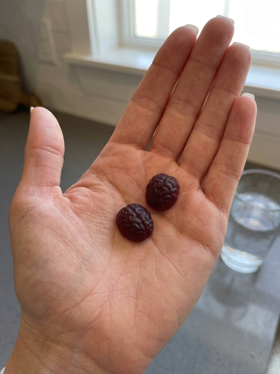 SUBJECT: Close-up of two small raspberry-colored gummies resting on a woman's palm, her hand relaxed and natural, no nai