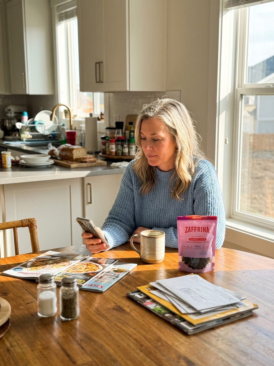 SUBJECT: Woman, late 40s, sitting at a kitchen table in afternoon light, reading something on her phone, expression calm