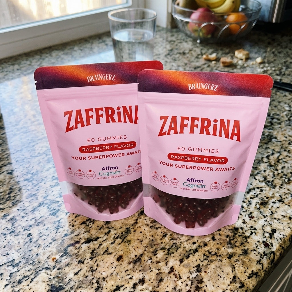 SUBJECT: Two pouches of Zaffrina gummies side by side on a real kitchen counter, slightly overlapping, natural