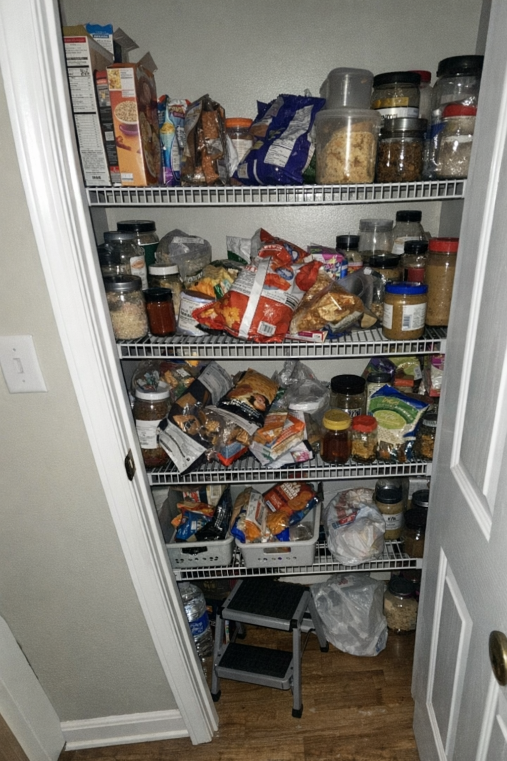 A pantry at night, phone flash