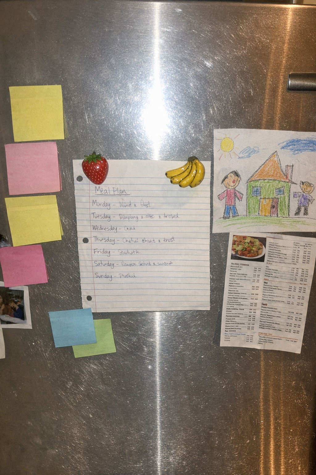 A fridge door covered in meal plans and notes