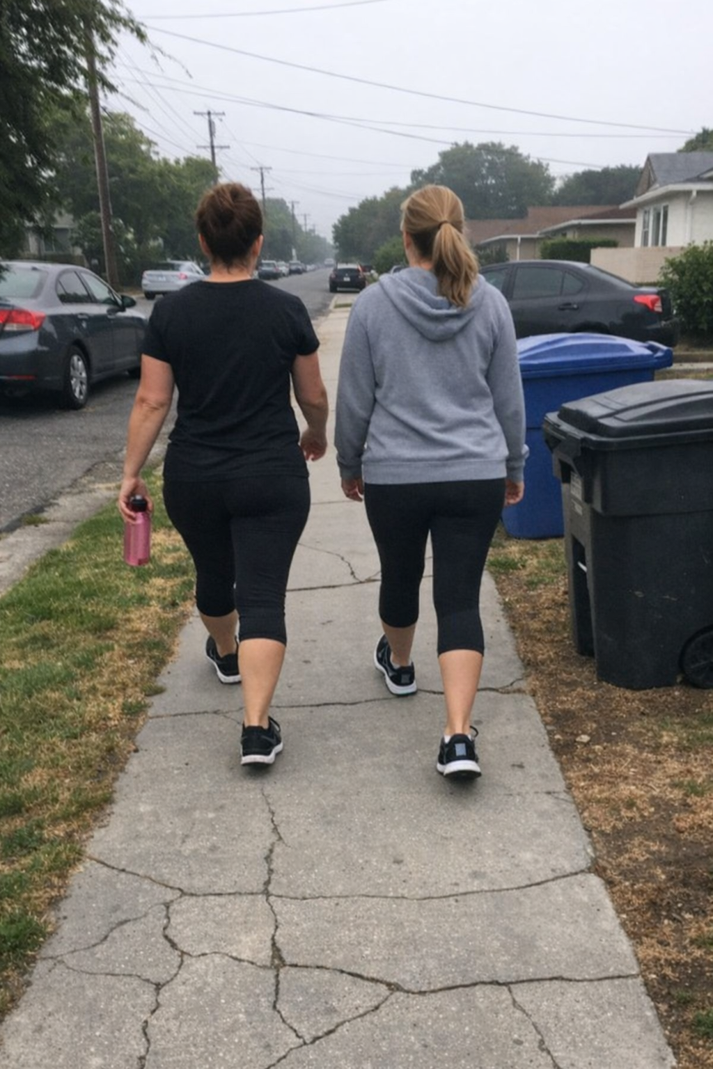 Two women walking the neighborhood sidewalk