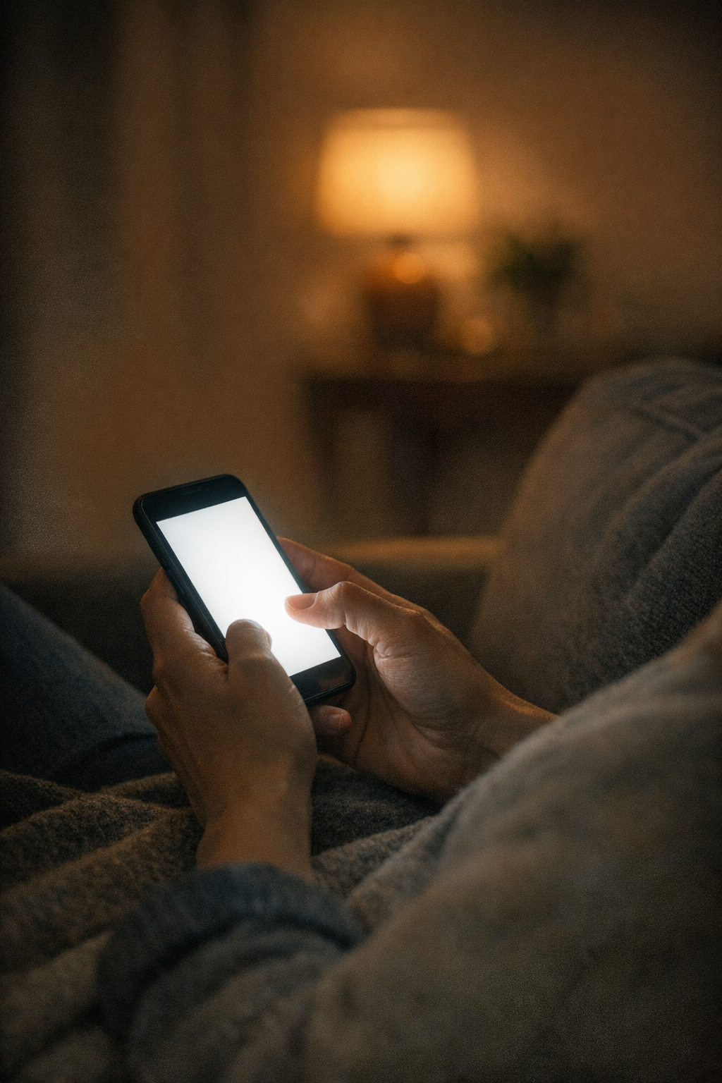 A phone glowing on a nightstand