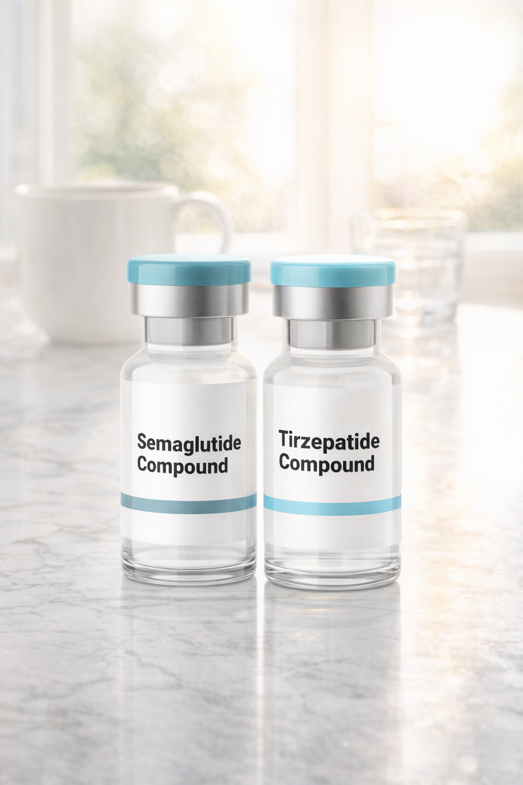 Compounded semaglutide and tirzepatide vials in morning light