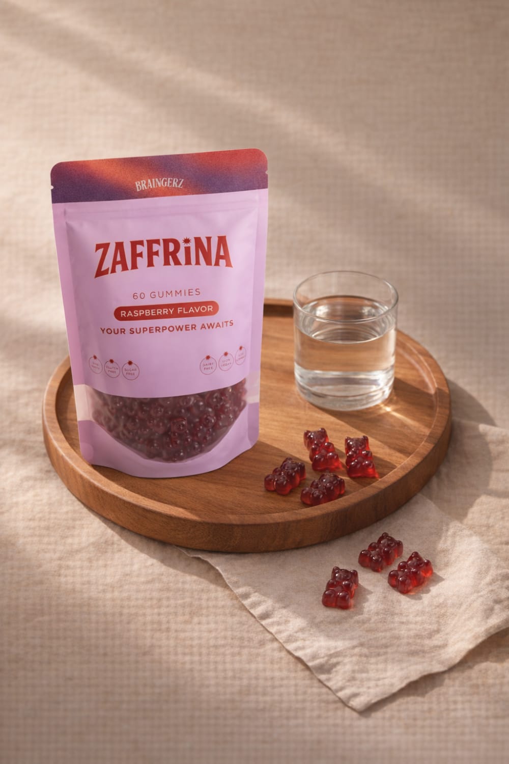 Zaffrina Gummies pouch with a few raspberry gummies