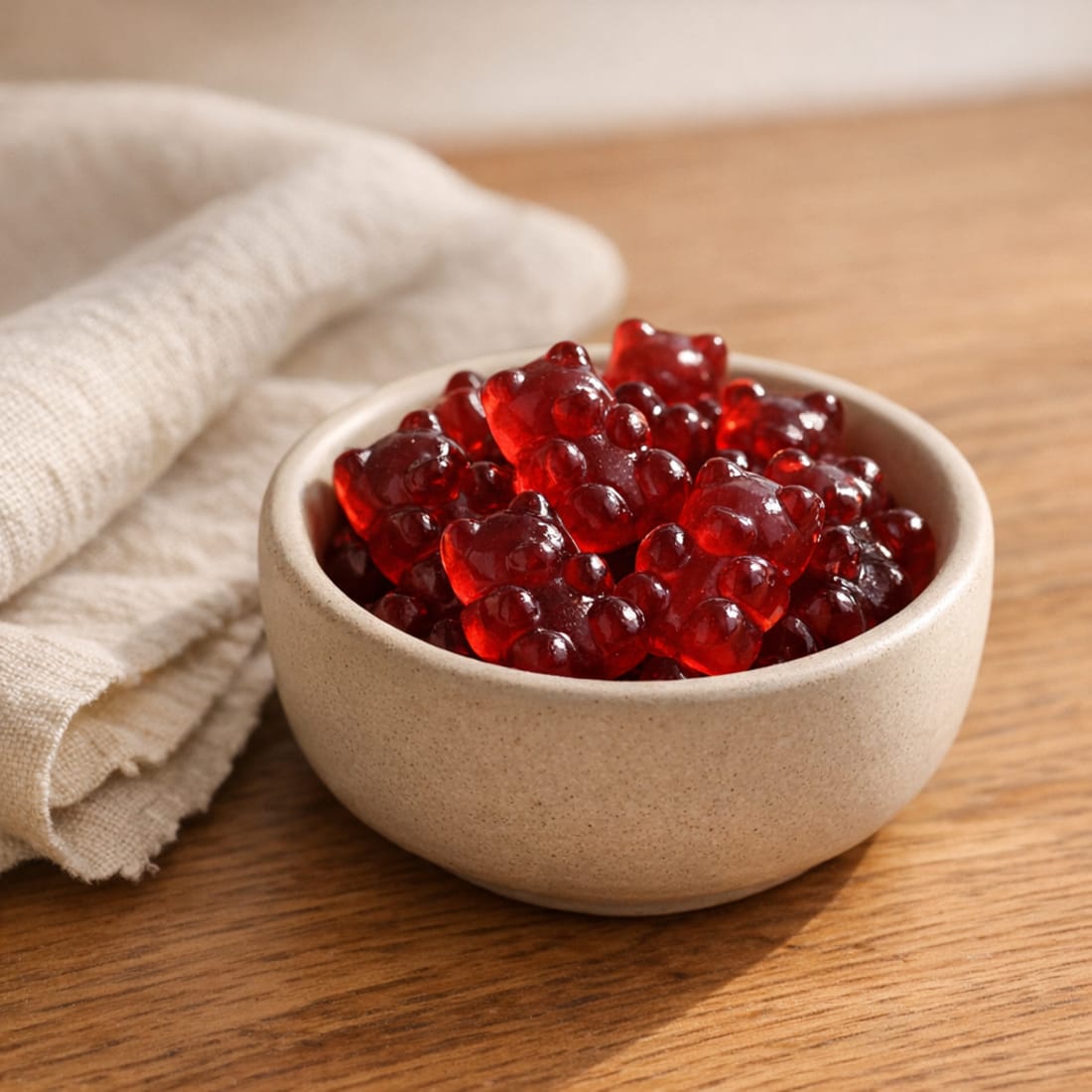 Zaffrina raspberry gummies in a small bowl