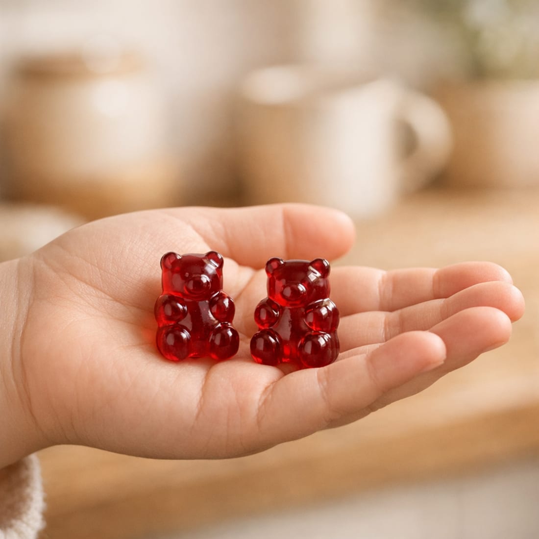A child's hand holding two Zaffrina gummies
