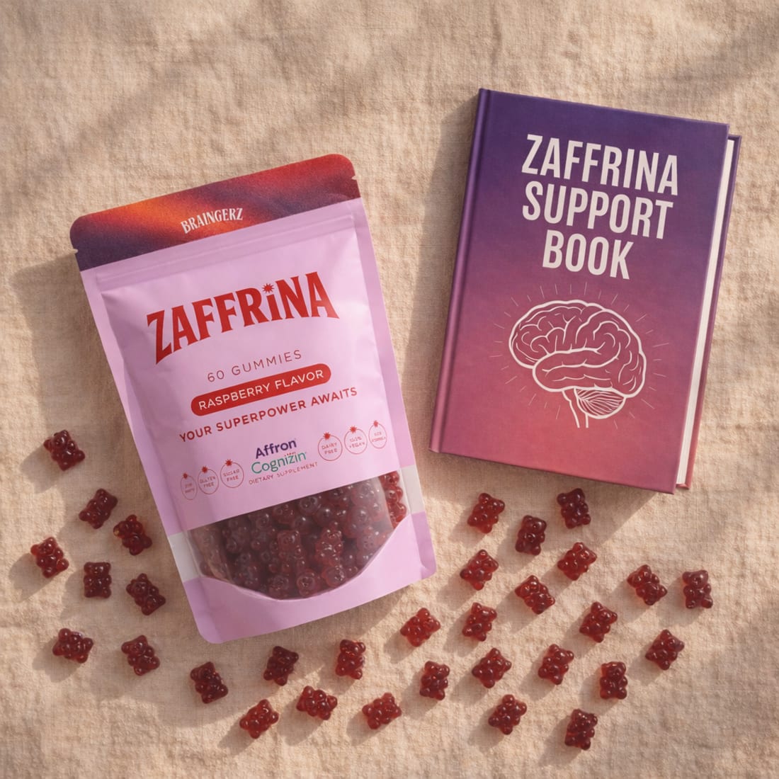 Everything you get: Zaffrina gummies, the Parent Support Book, and gummy bears