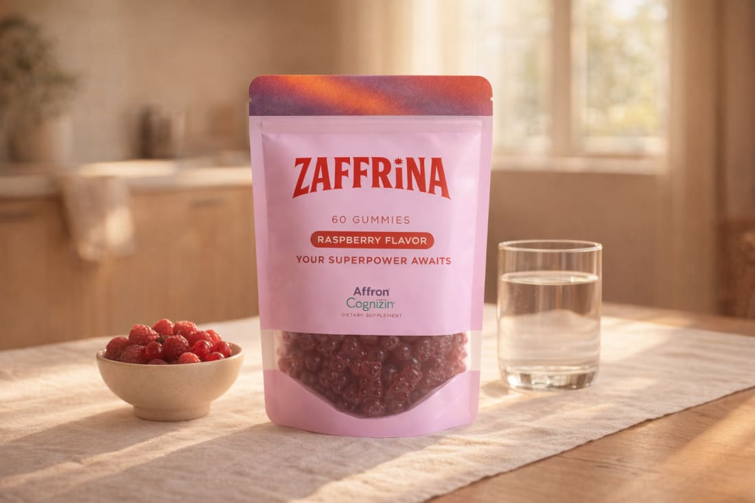 Zaffrina gummies beside a glass of water on a sunlit table