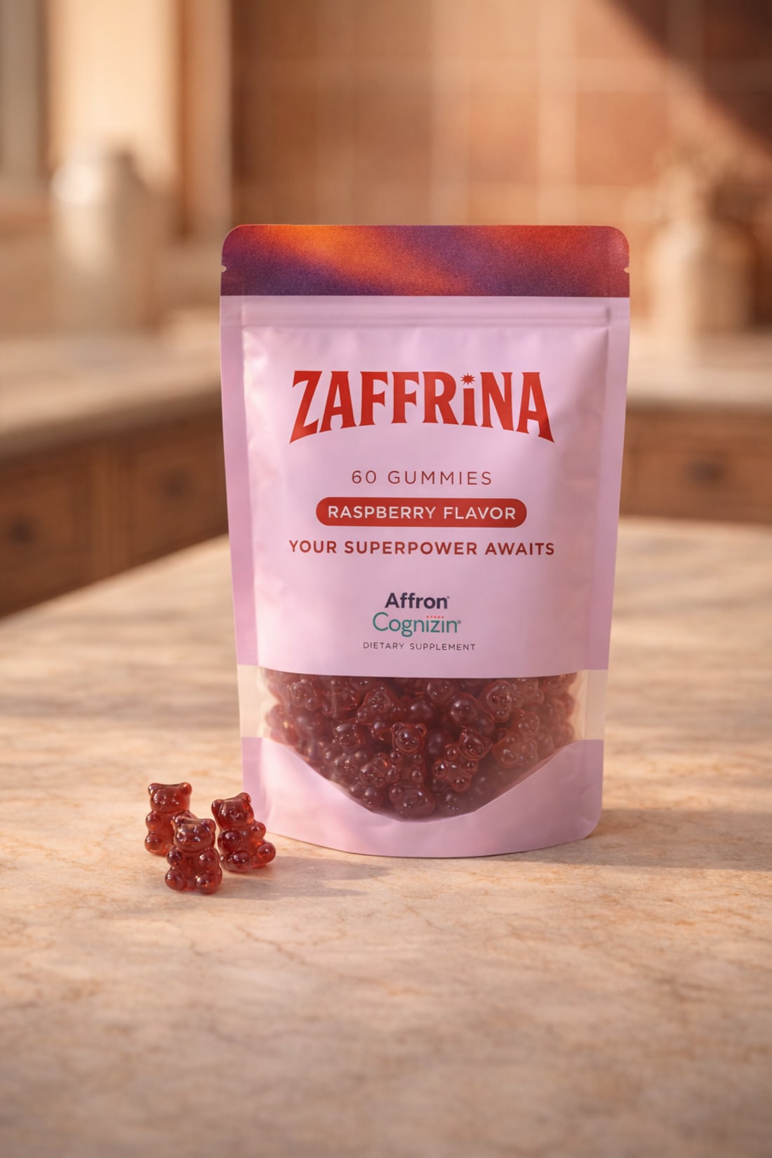 Zaffrina gummies pouch on a calm, sunlit kitchen counter