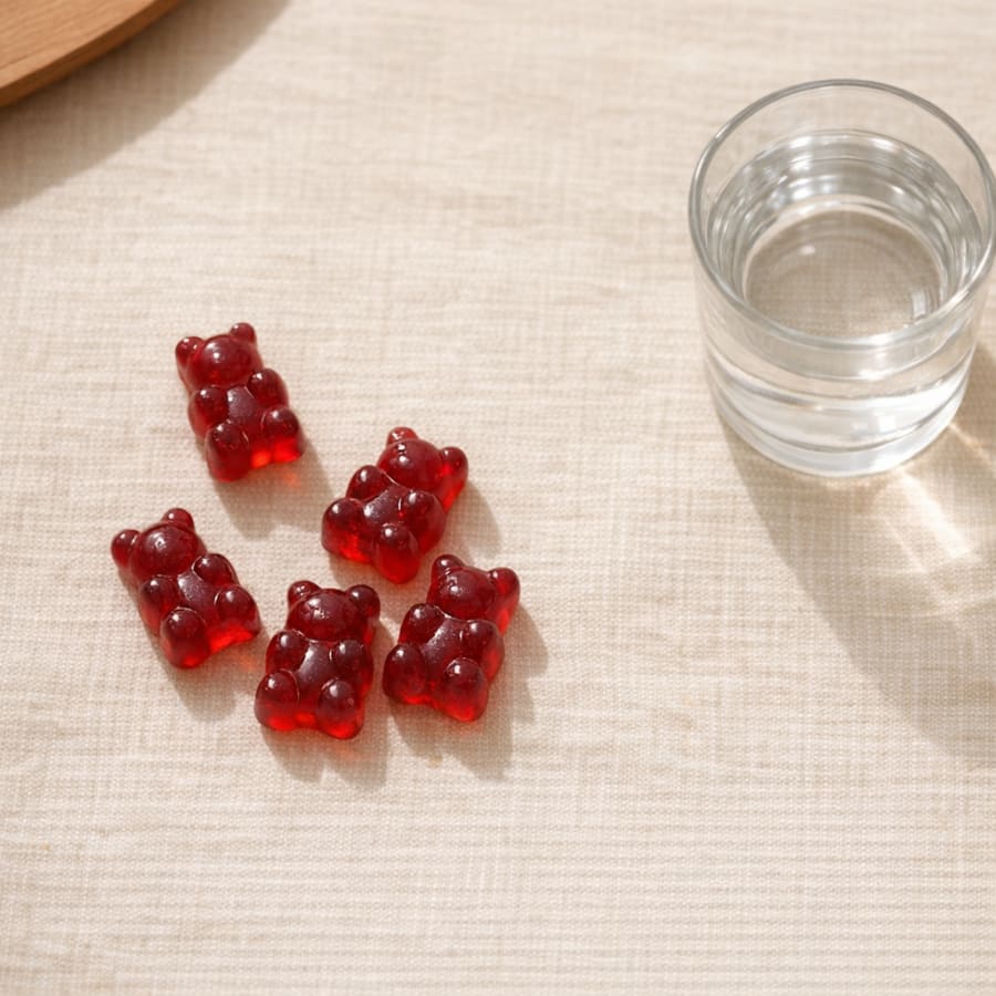 Two Zaffrina gummies beside a glass of water