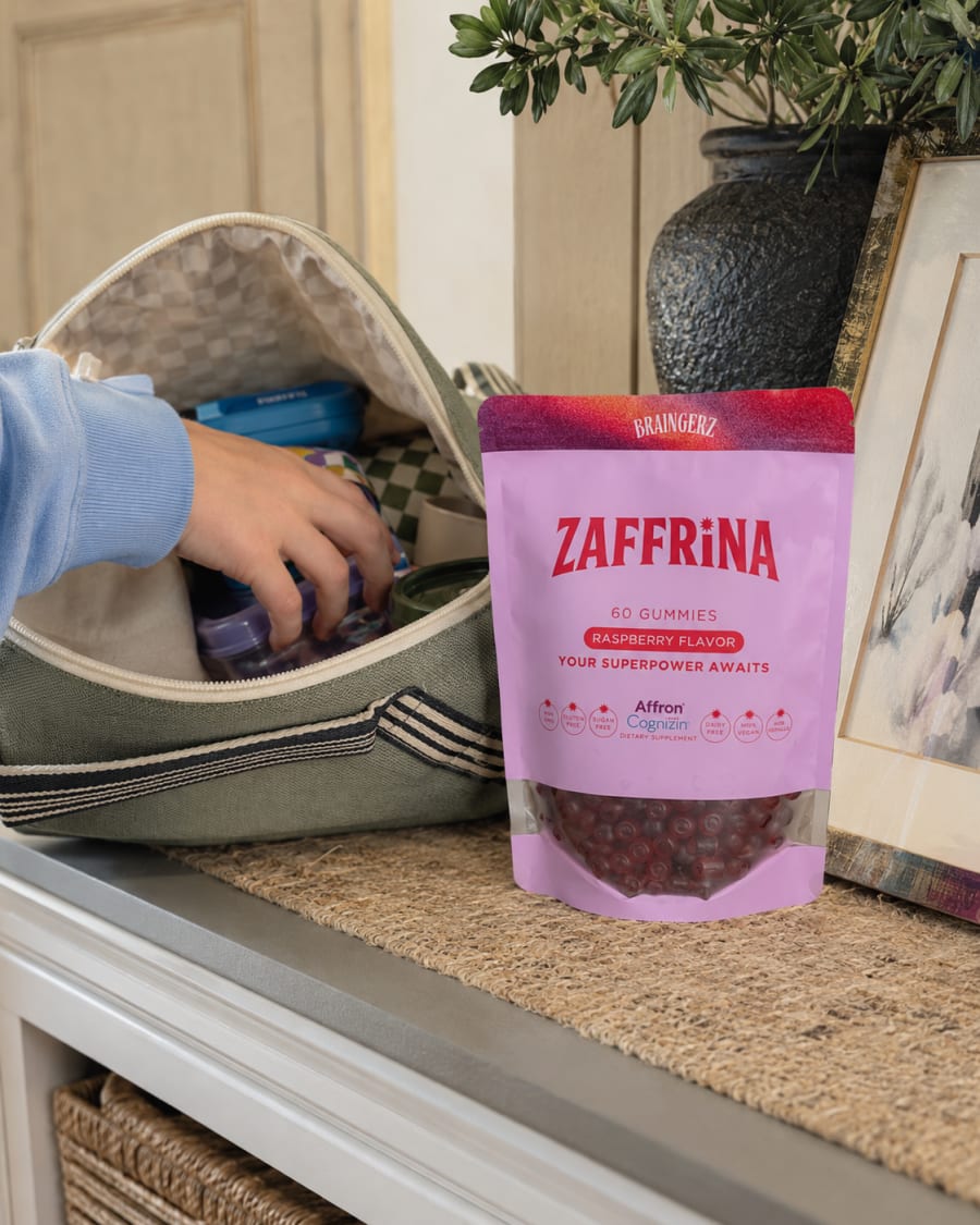 Zaffrina gummies beside a packed school bag