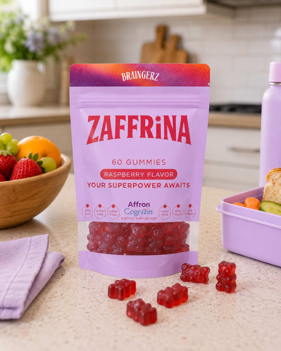 The Zaffrina gummies on a kitchen counter