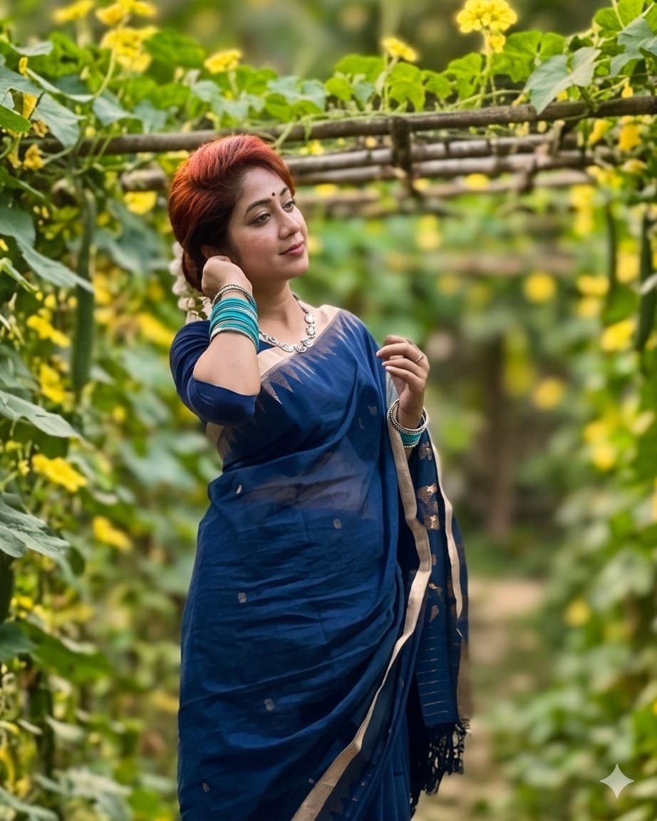 Handloom Tangail Blue Saree back view