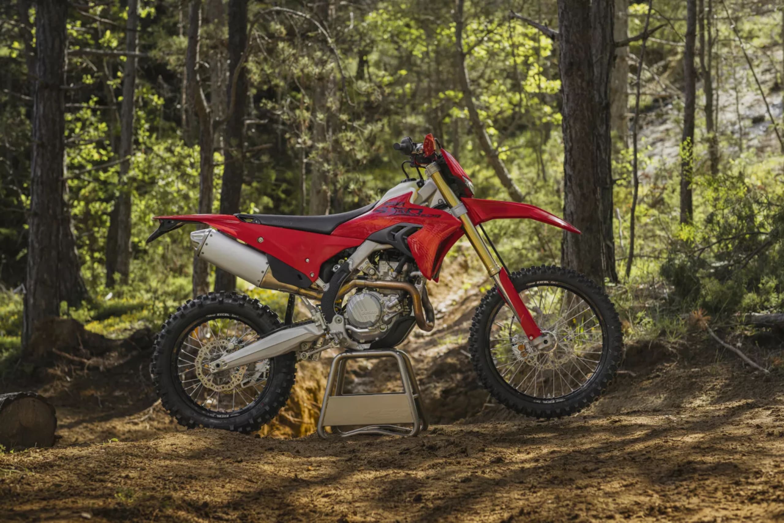 Ducati Desmo450 EDS MY27 külgvaade metsas