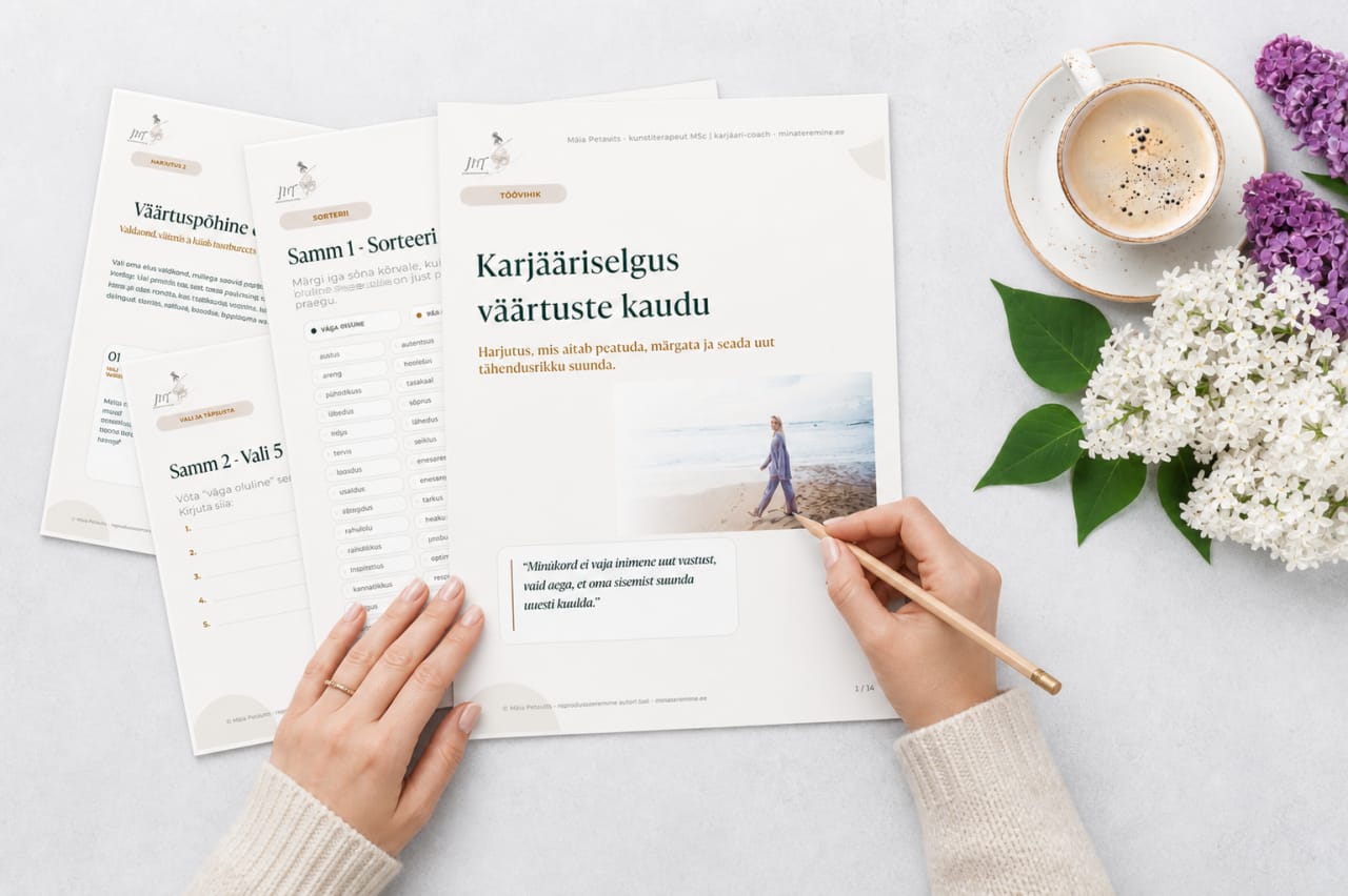 Töövihiku „Karjääriselgus väärtuste kaudu” kaas ja harjutuste lehed laual