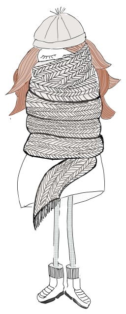 Illustratsioon inimesest, kes on mähkunud paksu salli – kehastab kaitset ja emotsionaalset suletust.