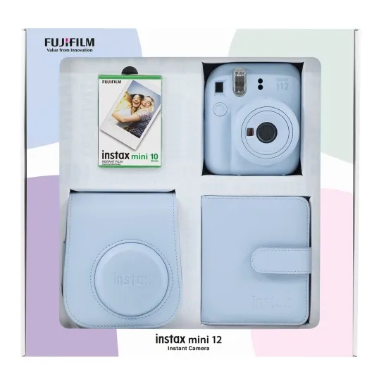 FUJIFILM - Instax mini 12 Mavi Fotoğraf Makinesi Bundle Box + 10'lu Film Kare Albüm ve Deri Kılıflı