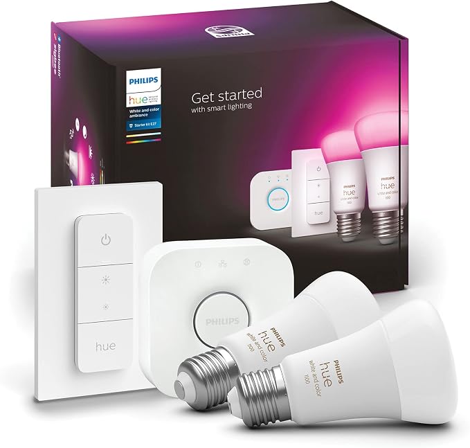 Philips Hue Akıllı Aydınlatma Led Ampul Başlangıç Kiti, 2'li E27 Ampul , Köprü ve Dimmer Set, Beyaz ve Renkli