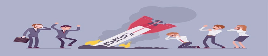 Cartoon illustration of a 'Startup' rocket crashing in flames with shocked business people in suits reacting around it, representing startup failure